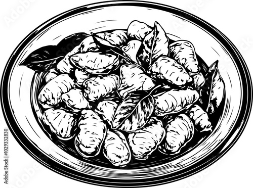 Hand-drawn vector illustration of gnocchi served in a bowl, garnished with leaves, perfect for culinary designs or food-related media.
