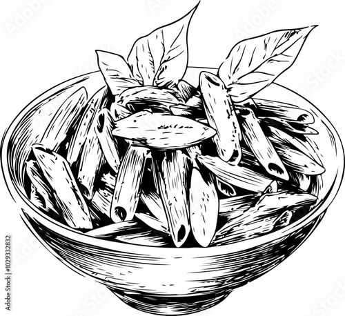 Monochrome Vector Illustration of a Bowl of Penne Pasta with Basil Leaves - Ideal for Culinary Designs