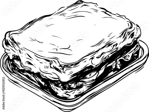 Illustrative vector of a delicious lasagna in a dish, detailed in black and white, perfect for culinary designs and food-related projects.