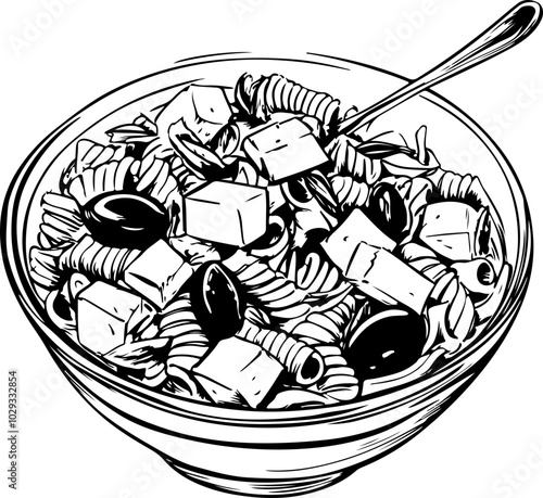 Illustrative vector image of a bowl of pasta salad with olives and cheese cubes, perfect for culinary designs or recipe books.