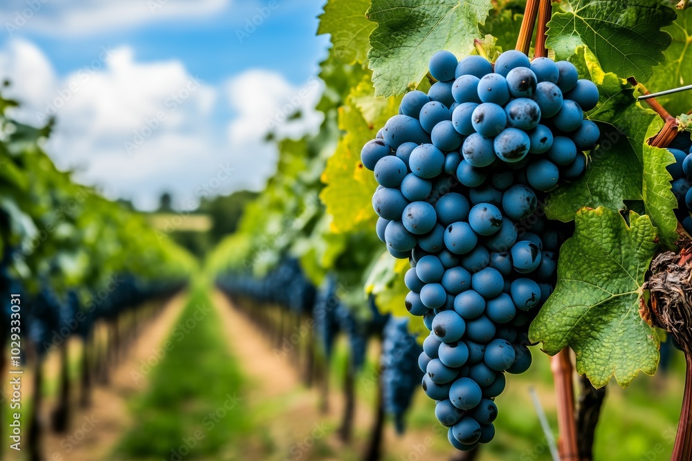 Fototapeta premium A vibrant close-up shot of a ripe cluster of deep purple grapes hanging from a vine in a vineyard.