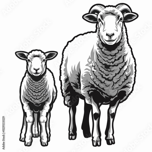 A black and white illustration of a mother sheep and her lamb. The mother sheep is standing tall with her horns, while the lamb is looking up at her with a sweet expression. Perfect for farm themes.