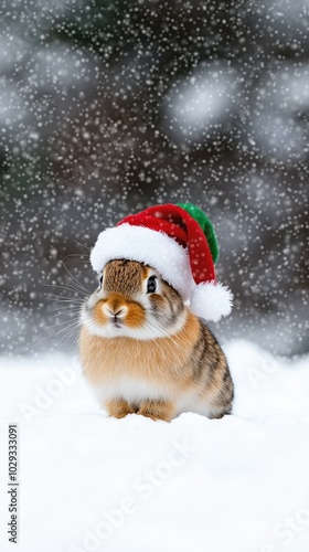 A small, adorable bunny wears a festive Santa hat while resting on soft snowflakes in a magical winter setting, capturing the warmth of the holiday spirit