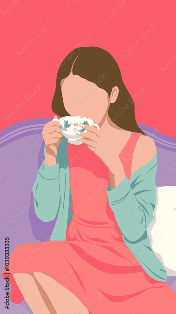 A simple and charming illustration of a woman enjoying a cup of tea in a relaxed setting. The minimalist design with muted colors conveys a sense of tranquility and comfort. A simple and charming illustration of a woman enjoying a cup of tea in a relaxed setting. The minimalist design with muted colors conveys a sense of tranquility and comfort.