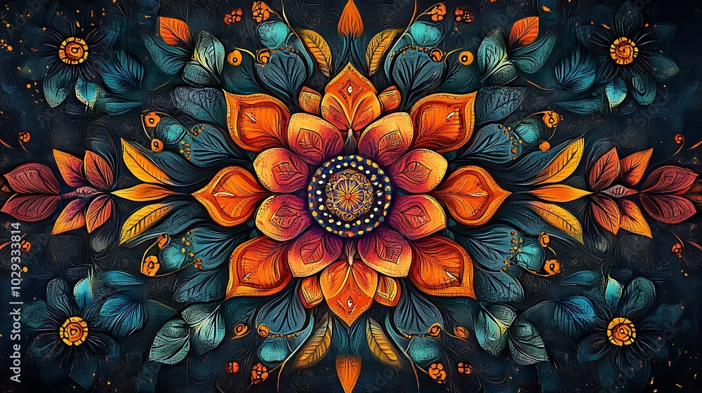 Elegant floral pattern with symmetrical folk art and madhubani design style image Elegant floral pattern with symmetrical folk art and madhubani design style image