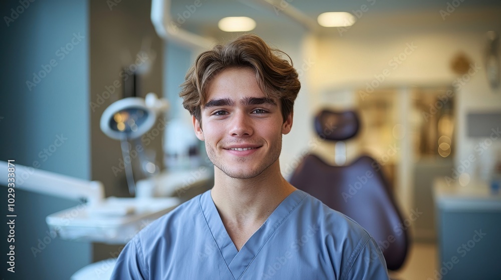 Fototapeta premium Young male dental assistant smiling confidently in a modern dental clinic during working hours