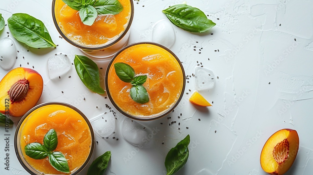 Peach smoothies topped with fresh mint leaves, surrounded by sliced peaches on a light background, refreshing summer drink, healthy fruit beverage, vegan smoothie, copy space.
Peach smoothies topped with fresh mint leaves, surrounded by sliced peaches on a light background, refreshing summer drink, healthy fruit beverage, vegan smoothie, copy space.