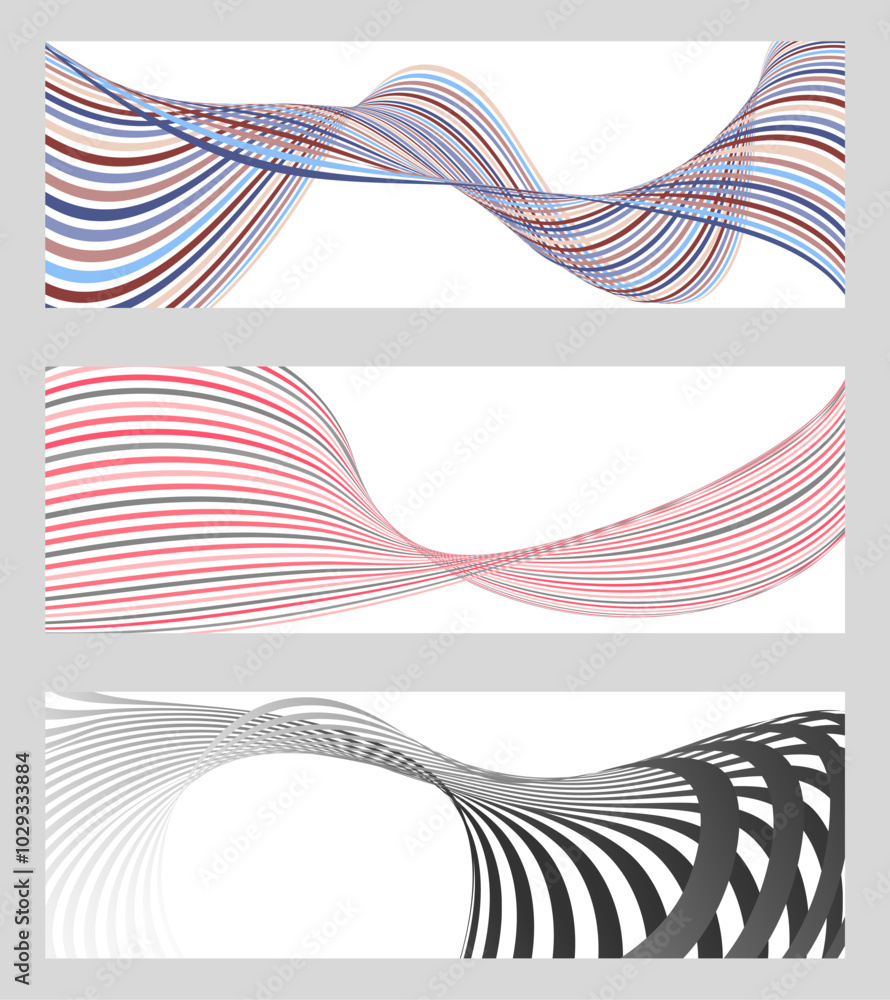 Wavy lines or ribbons. Set of 3 backgrounds. Multicolored striped gradient. Creative unusual background with abstract gradient wave lines to create a trendy banner, poster. vector eps Wavy lines or ribbons. Set of 3 backgrounds. Multicolored striped gradient. Creative unusual background with abstract gradient wave lines to create a trendy banner, poster. vector eps