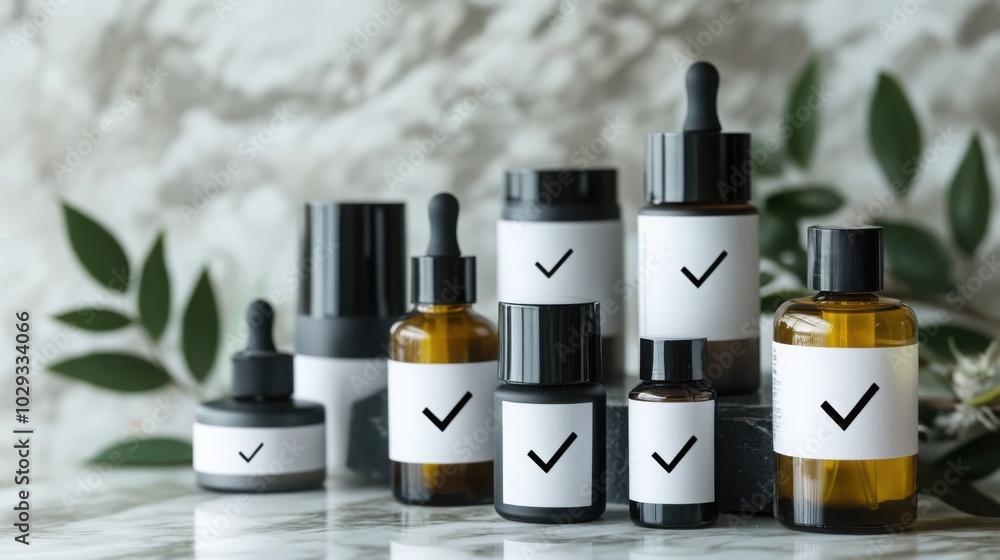 Fototapeta premium A stylish arrangement of trending skincare products with a prominent tick symbol on each label