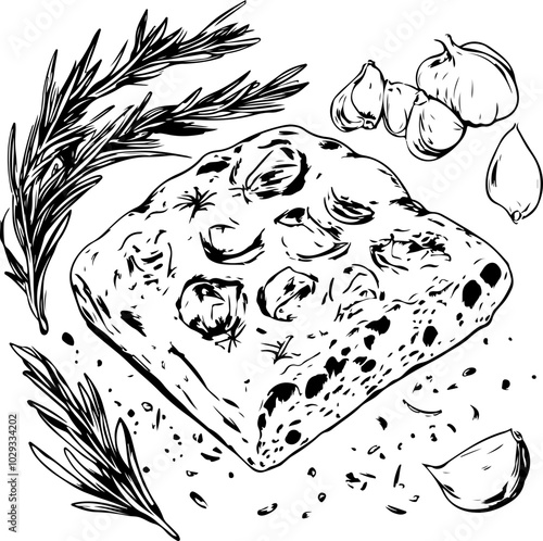 Black and White Vector Illustration of Focaccia Bread with Garlic and Herbs for Culinary Use