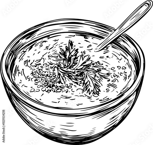 Hand-drawn vector illustration of a bowl of soup garnished with herbs, perfect for culinary design projects.