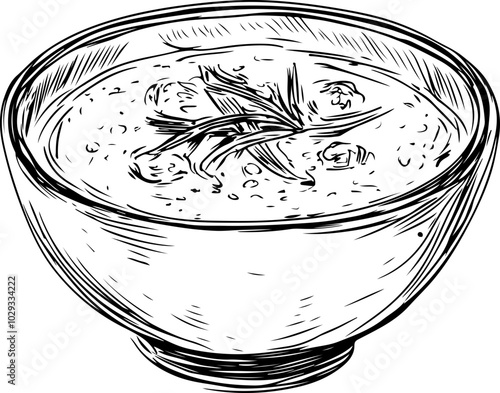 Hand-drawn vector of a bowl of soup with herbs, ideal for culinary designs and recipes.