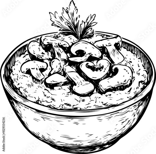 Hand-drawn vector illustration of a bowl of creamy mushroom risotto with garnishes. Ideal for recipe materials and food blogs.