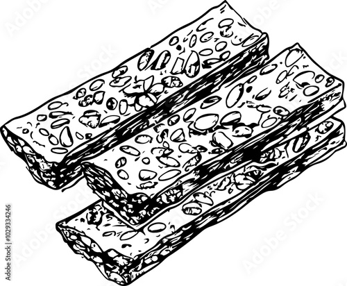 Black and white vector illustration of crunchy snack bars with nuts, perfect for food-related designs and packaging.