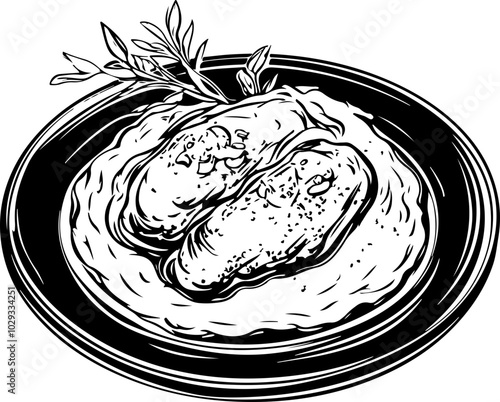 Black and White Vector Illustration of Creamy Mashed Potatoes with Savory Chicken Cutlets on a Plate, Ideal for Food Menus