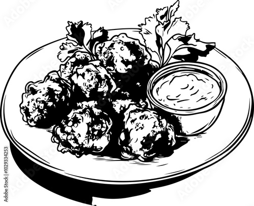 Vector illustration of crispy food items on a plate alongside dipping sauce, ideal for menu designs or culinary graphics.