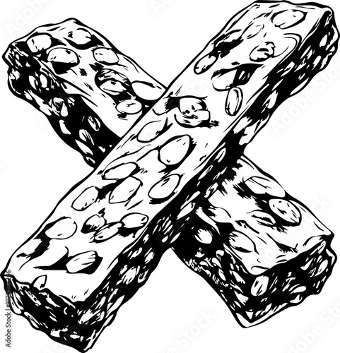 Black and White Vector of Crossed Snacks with Nuts and Seeds Suitable for Food Illustrations and Packaging Designs