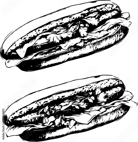 Vector illustration of detailed hot dogs with toppings in monochrome style, perfect for food-related designs and menus.