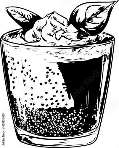 Black and White Vector Illustration of a Dessert Drink with Sprinkles and Mint Leaves, Ideal for Beverage Menus or Packaging