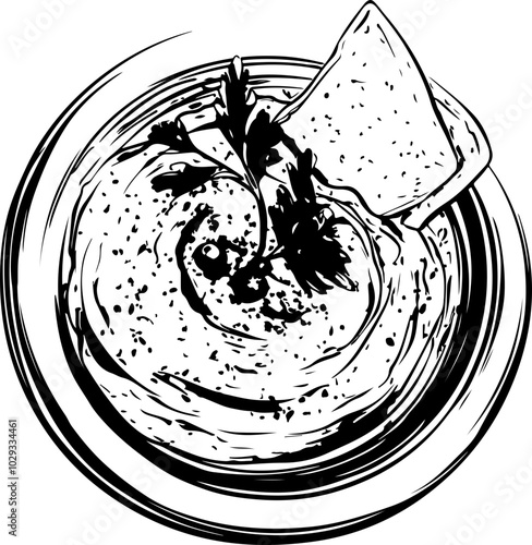 Stylized Vector Illustration of Hummus with a Tart Chip Garnished with Fresh Herbs, Ideal for Culinary and Menu Designs