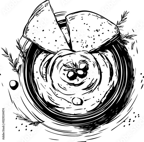 Monochrome vector illustration of hummus with pita bread, olives, and herbs; perfect for food-related designs.