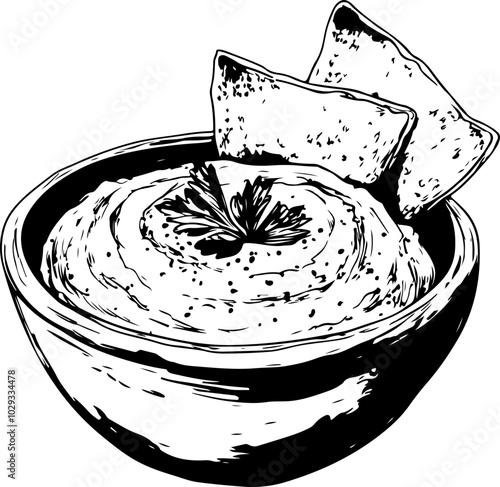 Black and white vector illustration of a hummus bowl with chips, ideal for culinary designs and food-related projects.