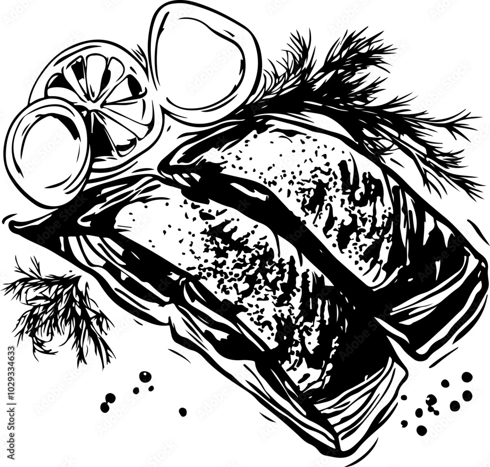Black and White Vector Illustration of Grilled Fish with Lemon and Herbs for Culinary Designs Black and White Vector Illustration of Grilled Fish with Lemon and Herbs for Culinary Designs