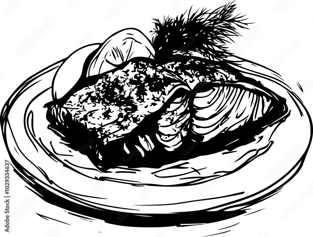 Stylized Vector Illustration of Grilled Salmon with Lemon and Herbs – Ideal for Culinary and Restaurant Designs Stylized Vector Illustration of Grilled Salmon with Lemon and Herbs – Ideal for Culinary and Restaurant Designs