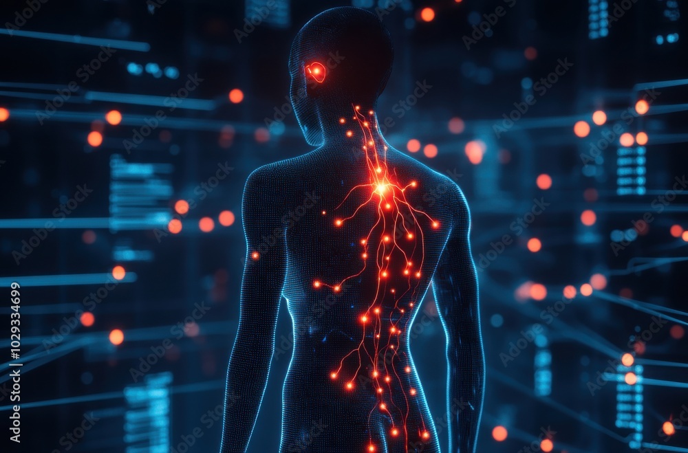 Digital human silhouette with glowing neural connections and heartbeats in a futuristic setting Digital human silhouette with glowing neural connections and heartbeats in a futuristic setting