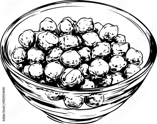 Classic vector illustration of a bowl filled with round chickpeas, ideal for food-related designs and cooking themes.