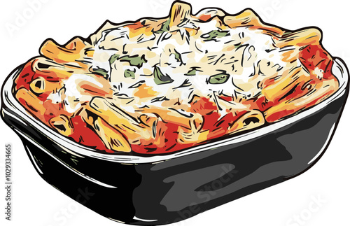 Vector Illustration of Baked Pasta Dish: A colorful depiction of a savory creamy pasta in a black dish, ideal for culinary themes.