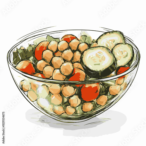 Vector Illustration of a Fresh Salad Bowl: Colorful Chickpeas, Cucumbers, and Tomatoes for Healthy Eating Inspiration