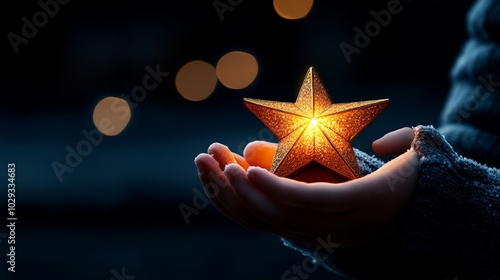 Starlight Dreams: Child's hands gently cradling a glowing star, symbolizing hope, wonder, and the magic of the holiday season. A poignant image perfect for Christmas cards, winter blogs.