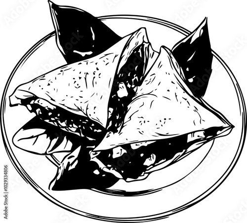 Black and White Vector Art of Triangular Samosas on a Plate for Culinary Illustrations