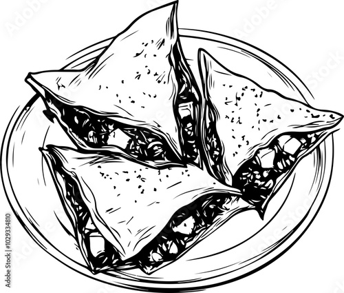 Vector Illustration of Delicious Samosas on a Plate: Gourmet Appetizer Design for Menus and Food Promotions