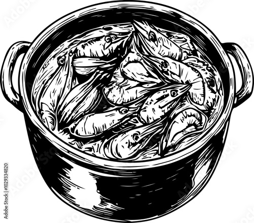 Black and White Vector Illustration of a Pot Filled with Shrimp, Ideal for Culinary and Seafood Themes photo