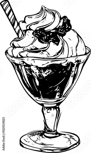 Vector illustration of a delicious ice cream sundae in a glass dish topped with whipped cream, perfect for dessert-themed designs.