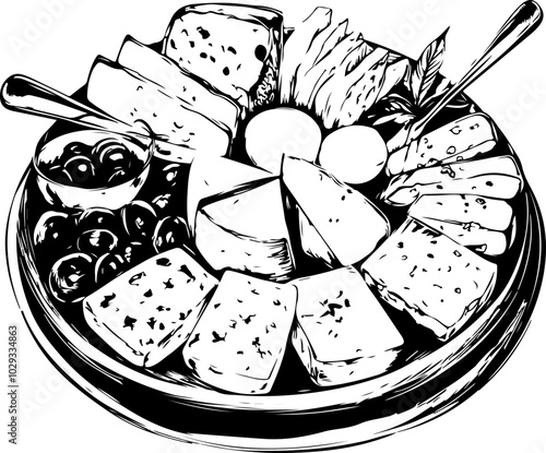 Vector illustration of a cheese platter with various cheeses, olives, and garnishes in a monochrome style; ideal for food-related designs.