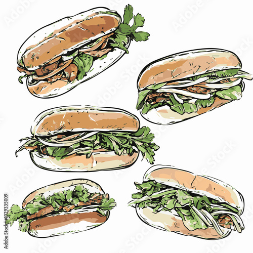 Hand-drawn vector hot dogs with fresh ingredients, perfect for food illustrations and menu designs