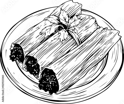 Black and white vector illustration of tamales on a plate, ideal for culinary designs and food-related projects.