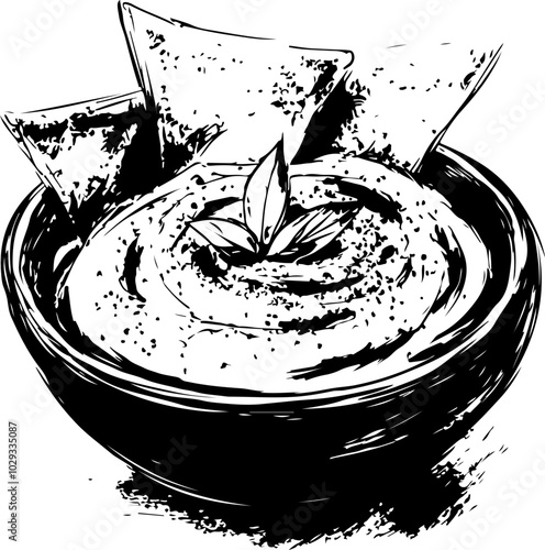Black and white vector illustration of creamy dip in a bowl, surrounded by tortilla chips; perfect for food-related designs.