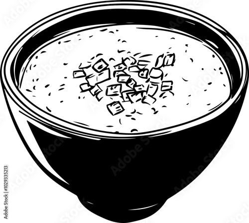 Stylized vector illustration of a bowl of soup with a creamy texture and diced ingredients, ideal for food-related designs.