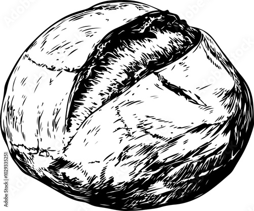 Black and White Vector Illustration of a Round Bread Roll Ideal for Food Menus and Bakery Designs