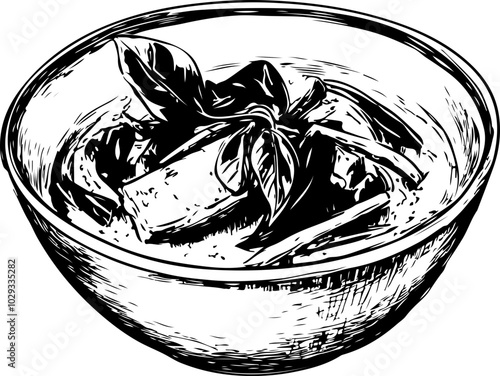 Vintage Vector: A detailed sketch of a bowl of food with herbs and spices, ideal for culinary designs or recipe books.