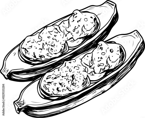 Black and white vector illustration of two halves of a banana filled with creamy mixture, suitable for food-related designs.