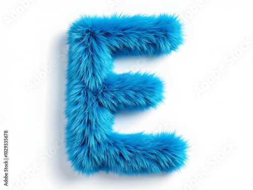 Fluffy blue letter E on a white background. Alphabet design