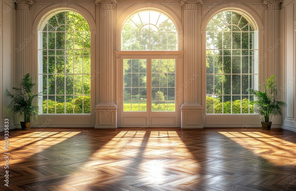 Spacious room with large windows displaying lush greenery and sunlight on elegant wooden floor Spacious room with large windows displaying lush greenery and sunlight on elegant wooden floor