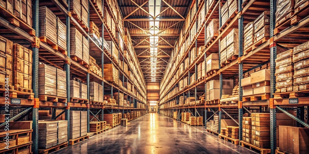 Fototapeta premium Vintage Interior View of a Vast Warehouse with High Shelving and Palletized Goods