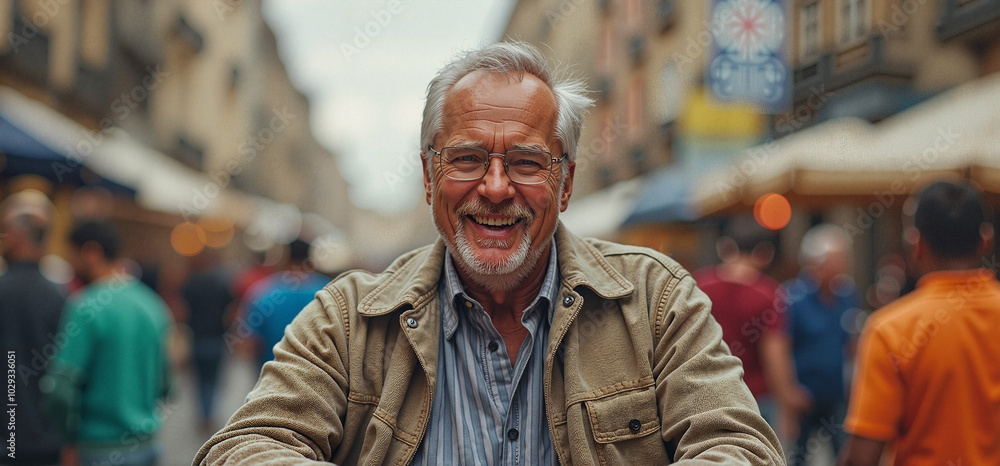 Smiling elderly man with glasses enjoying time in a busy street market Smiling elderly man with glasses enjoying time in a busy street market