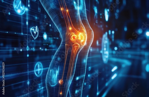 Futuristic medical illustration of human knee joint in blue tones with highlighted pain areas and digital interface